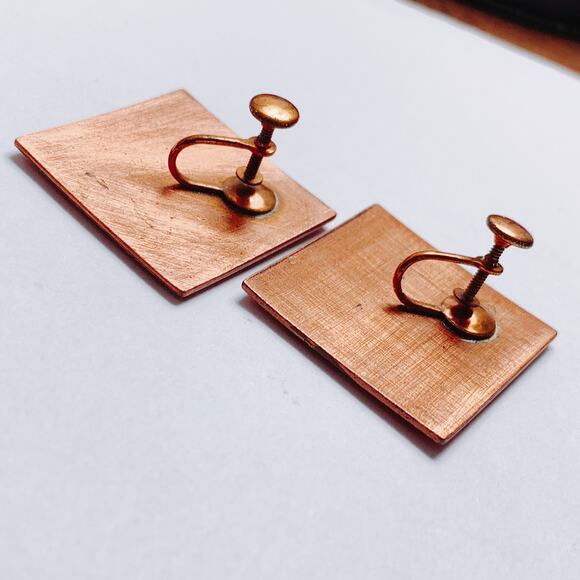 VTG Mid Century Red Enamel Copper Screw Back Earring Modernist Geometric Jewelry - Picture 8 of 8